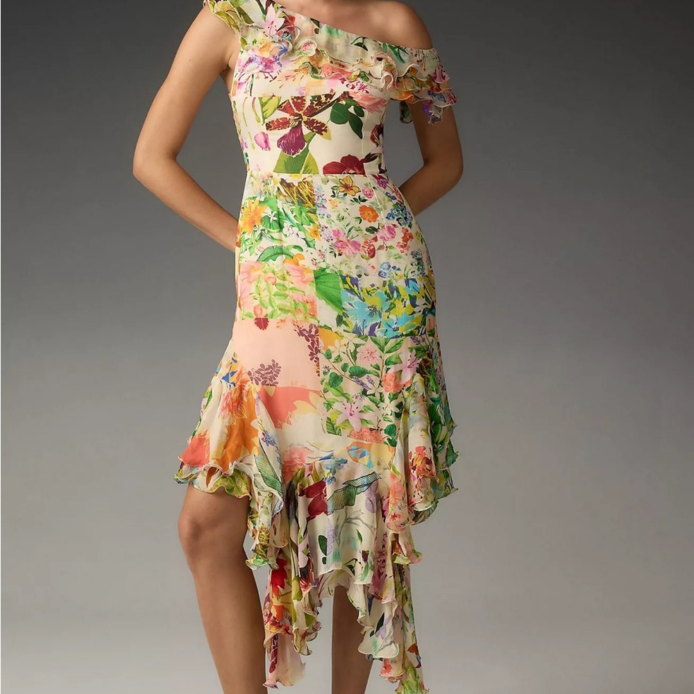 Anthropologie Floral One-Shoulder Asymmetrical Dress in Cream and Multicolor